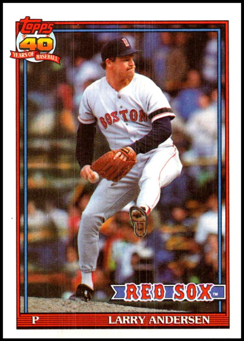 Red Sox pitcher Larry Andersen mid-throw in 1991 Topps #761 baseball card