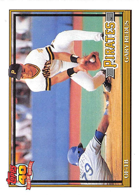 Baseball card featuring Gary Redus in a play at first base, Pittsburgh Pirates action