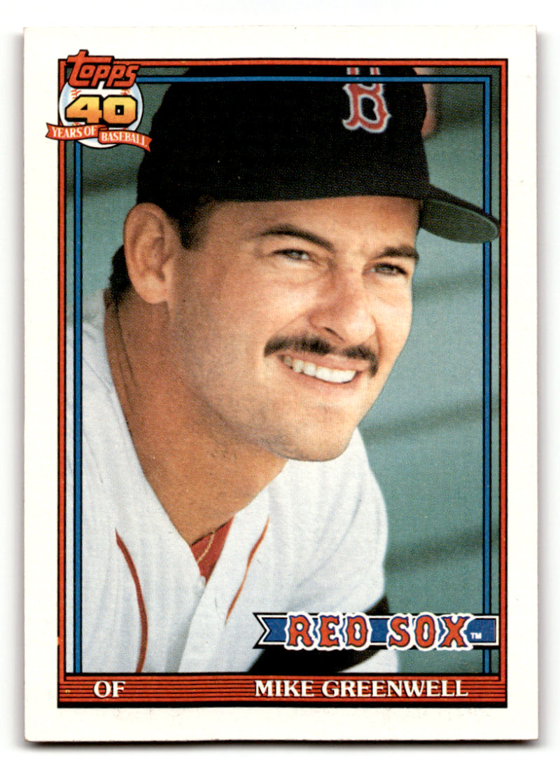 1991 Topps Boston Red Sox Baseball Card featuring Mike Greenwell in team uniform