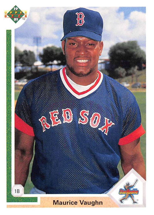 Boston Red Sox player in navy jersey and cap, featured on 1991 Mo Vaughn card