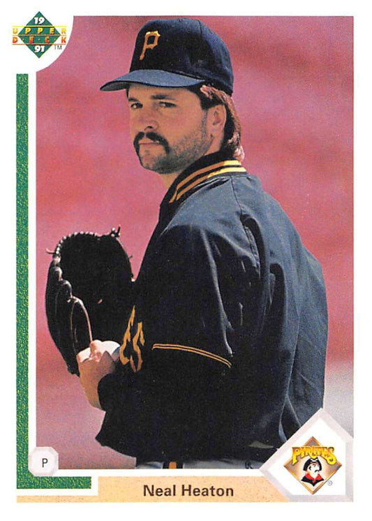 Neal Heaton in pitching stance wearing Pittsburgh Pirates uniform on baseball card