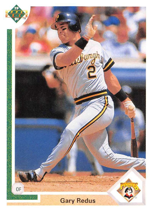 Baseball player in Pittsburgh Pirates uniform swinging bat on Gary Redus baseball card