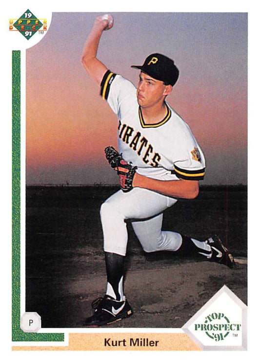 Kurt Miller in white Pittsburgh Pirates uniform pitching on 1991 Rookie Card