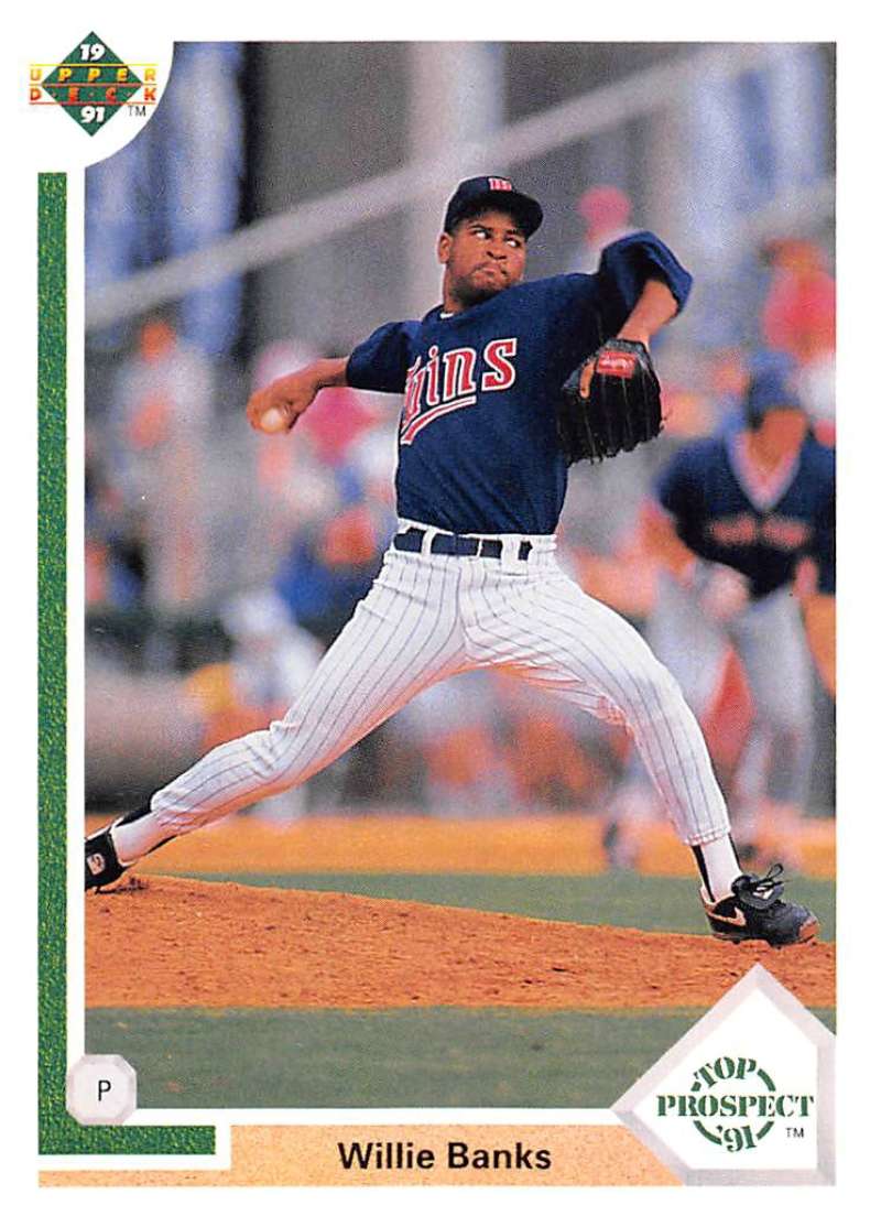 Willie Banks pitching for the Minnesota Twins in pinstripe uniform on Upper Deck card