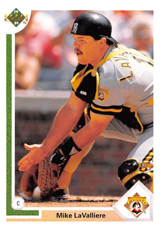 Mike LaValliere in Pittsburgh Pirates gear crouching to catch on Upper Deck card