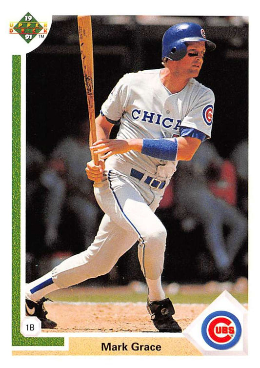 Chicago Cubs player Mark Grace swinging bat on 1991 Upper Deck baseball card