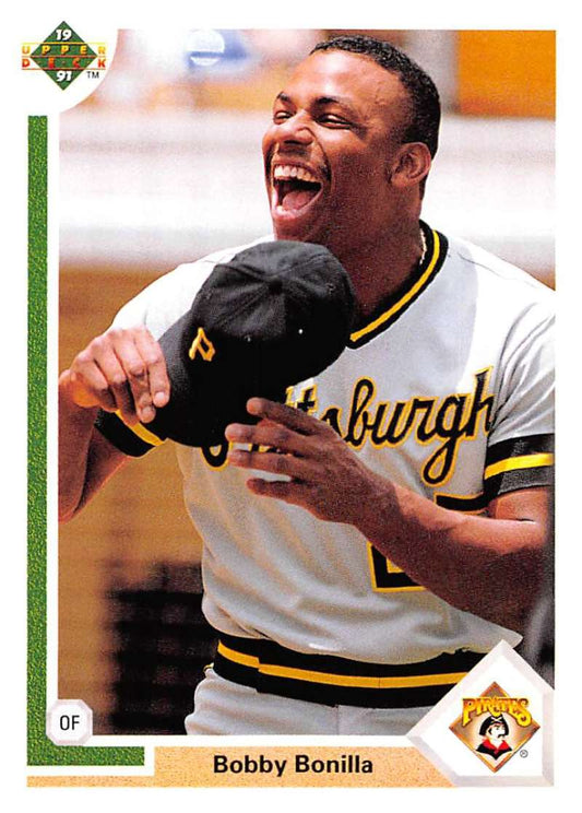 Bobby Bonilla laughing in a Pittsburgh Pirates uniform on an Upper Deck baseball card