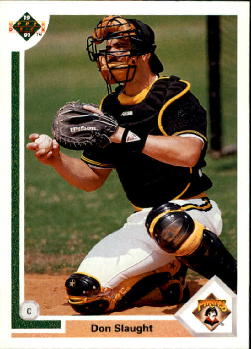 Baseball catcher Don Slaught in black and yellow uniform for Pittsburgh Pirates baseball card