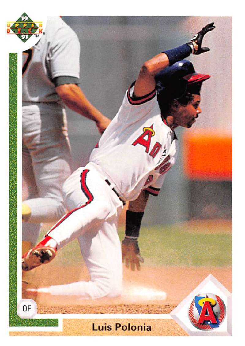 Luis Polonia sliding into base in California Angels uniform baseball card image