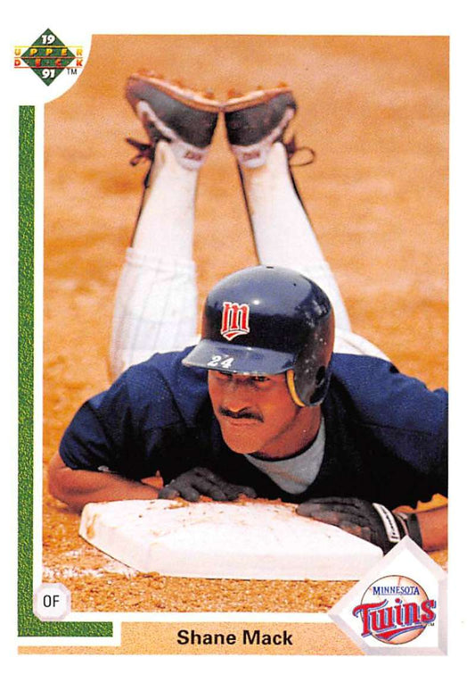 Baseball player Shane Mack sliding head-first in Minnesota Twins uniform on Upper Deck card