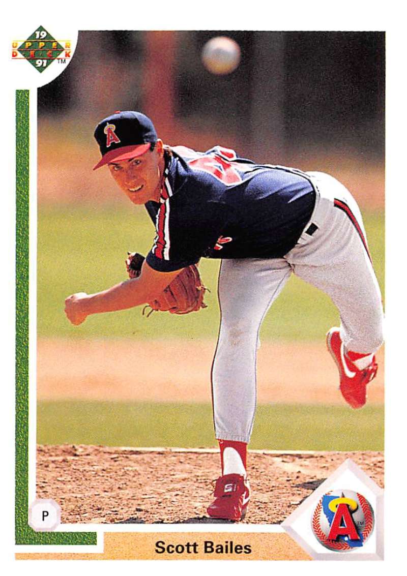 Baseball player in navy and white uniform pitching for California Angels Scott Bailes