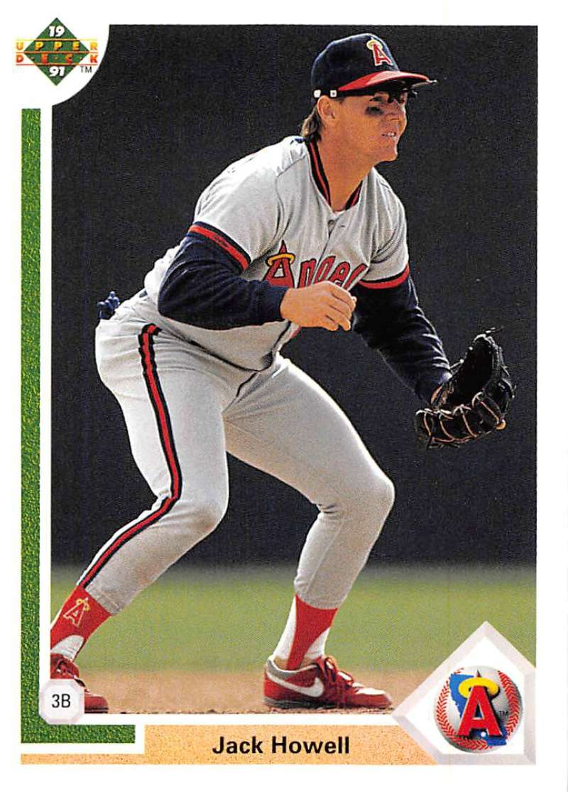 Baseball player in Atlanta Braves uniform in fielding stance for Jack Howell baseball card