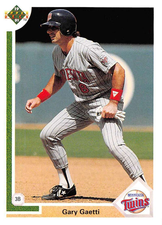 Baseball card of Gary Gaetti in pinstriped Minnesota Twins uniform taking a lead off base