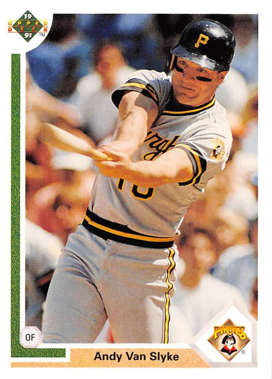 Andy Van Slyke in Pittsburgh Pirates uniform swinging bat on baseball card