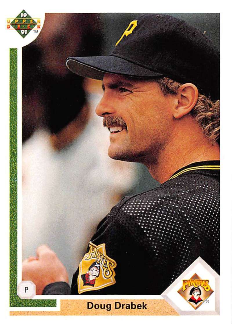 Baseball player Doug Drabek in black Pittsburgh Pirates uniform and cap with mustache