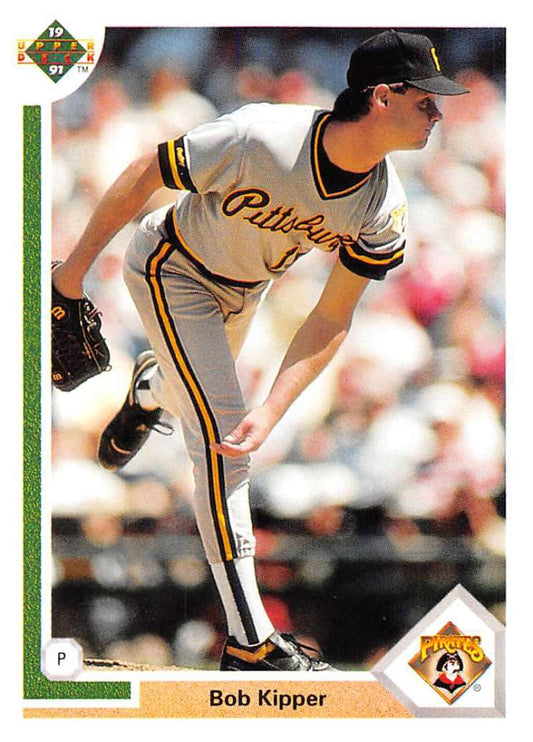 Pittsburgh Pirates pitcher Bob Kipper delivering a pitch in a white and black uniform