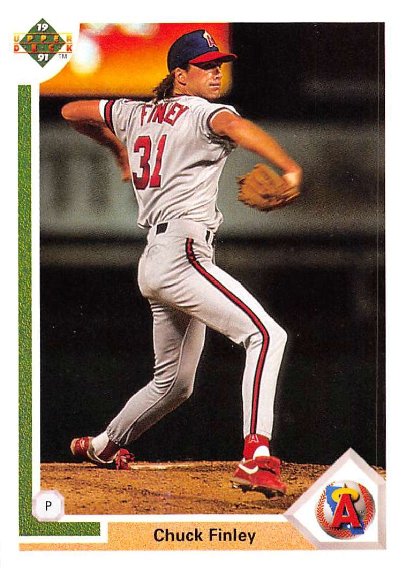 Chuck Finley in California Angels uniform pitching on 1991 Upper Deck baseball card