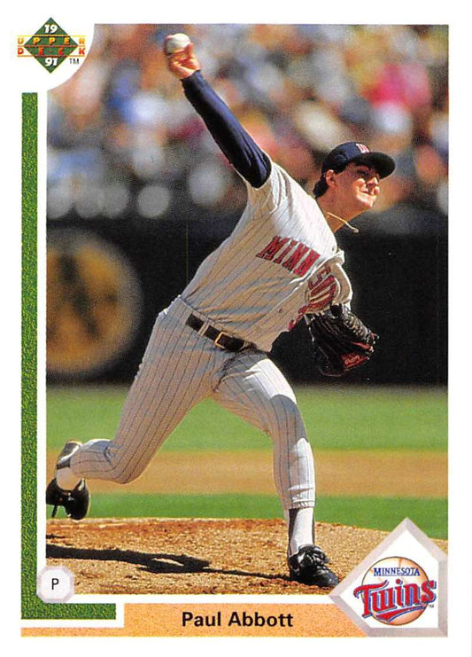 Paul Abbott pitching in a Minnesota Twins uniform on a baseball card