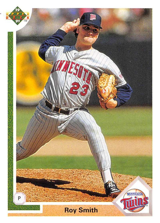 Baseball player in Minnesota Twins uniform throwing a pitch on 1991 Upper Deck Roy Smith card