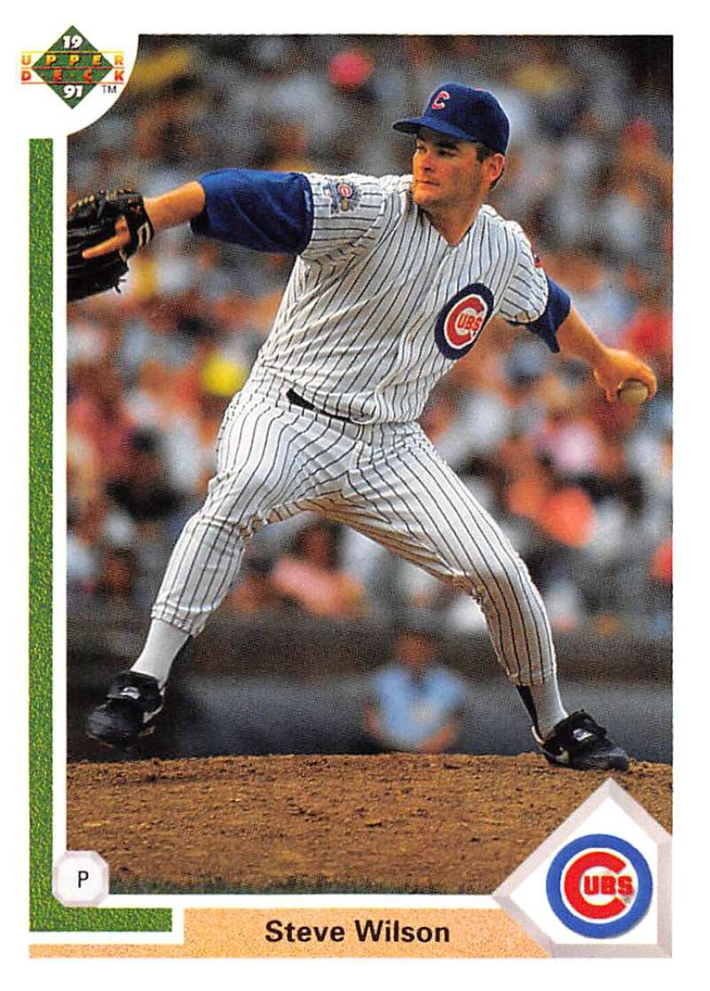 Chicago Cubs pitcher Steve Wilson mid-delivery on the mound in pinstripe uniform