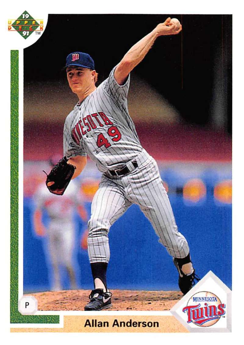 Minnesota Twins player Allan Anderson pitching in pinstripe uniform on Upper Deck card