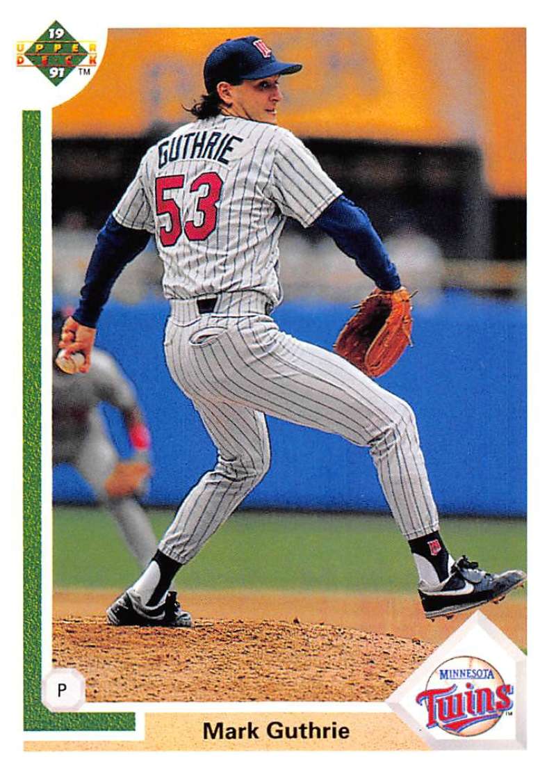 Mark Guthrie pitching in Minnesota Twins uniform on 1991 Upper Deck baseball card