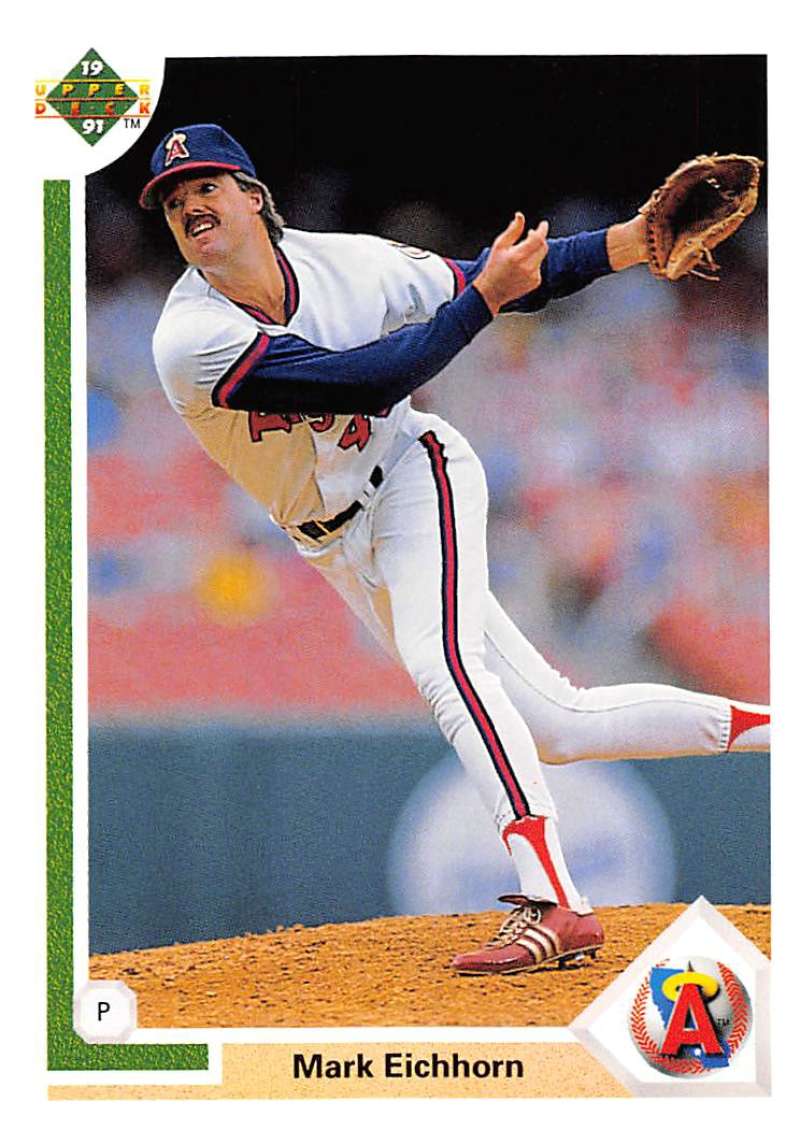 Mark Eichhorn stretching in a Braves uniform, featured on a California Angels baseball card