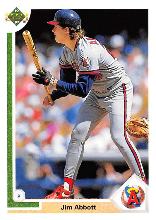 Baseball card of Jim Abbott in gray California Angels uniform from Upper Deck