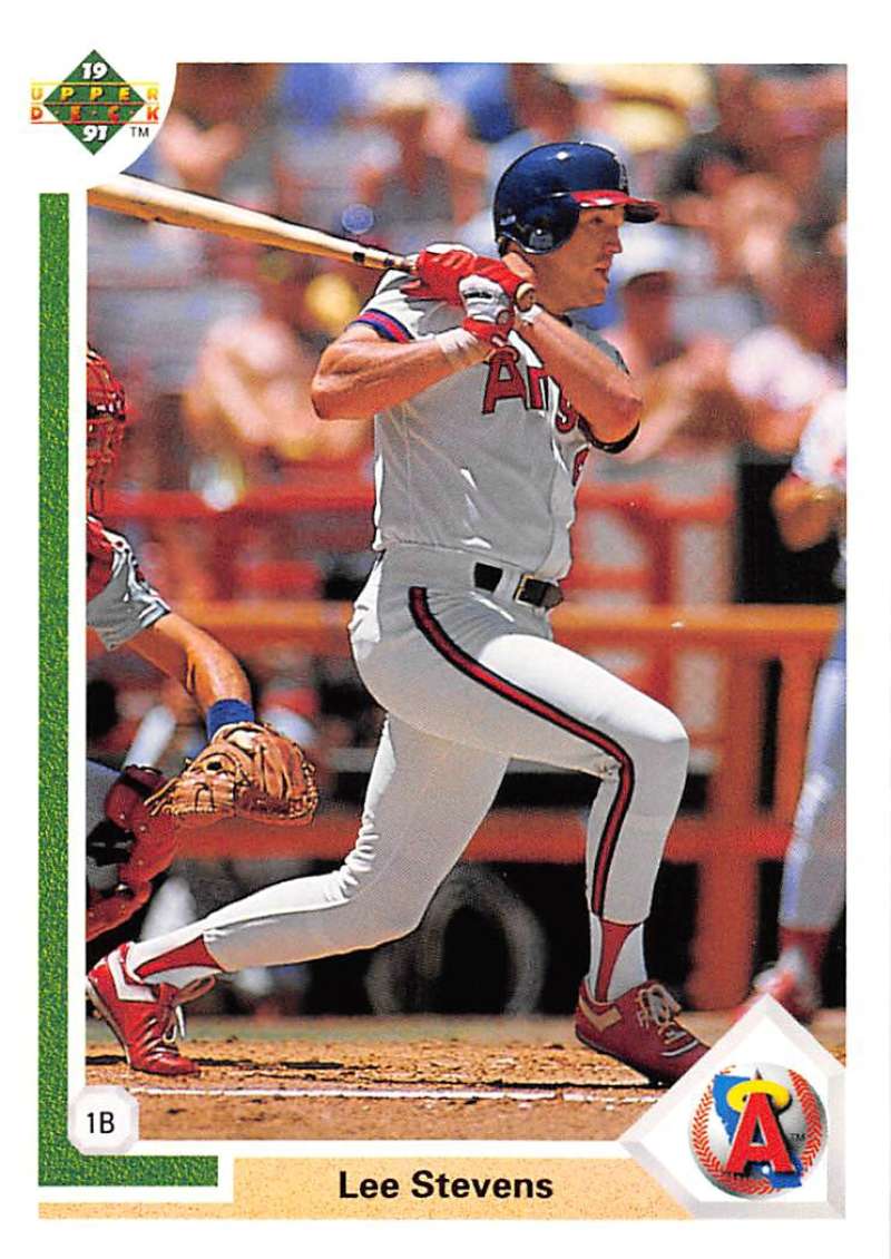 Lee Stevens in a white and red uniform swinging a bat on Upper Deck baseball card