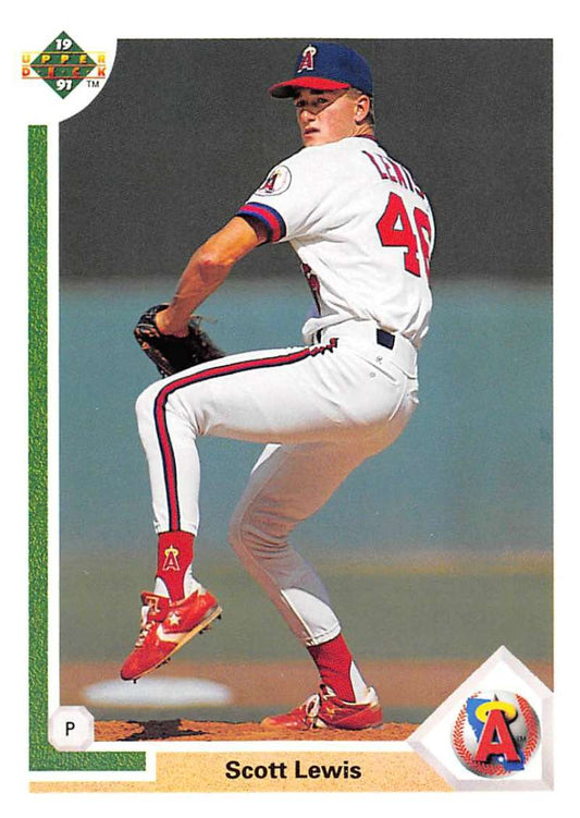 Scott Lewis delivering a pitch in his 1991 Upper Deck rookie baseball card