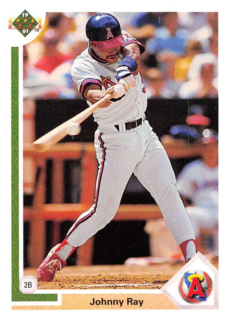 Baseball card of Johnny Ray mid-swing for California Angels by Upper Deck