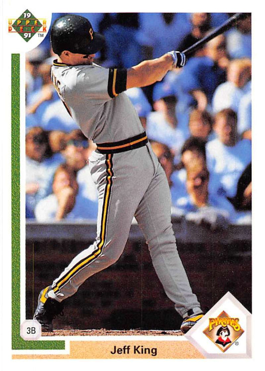 Jeff King swinging a bat in Pittsburgh Pirates gray uniform on Upper Deck card