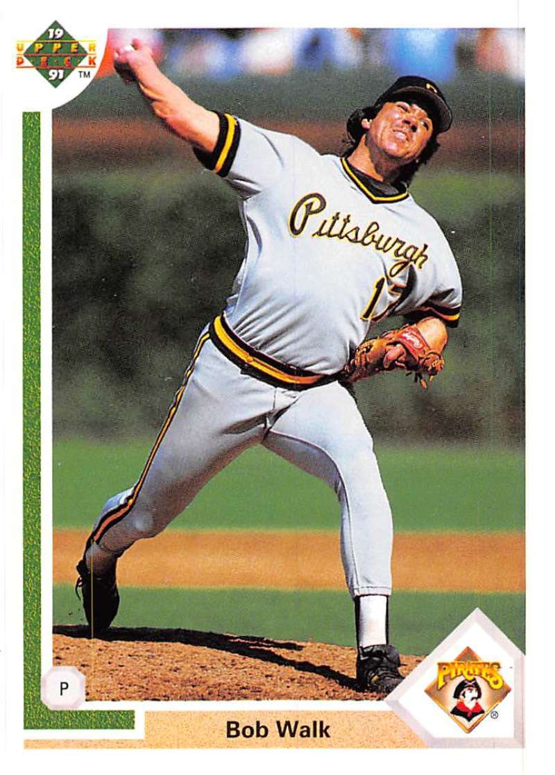 Bob Walk delivering a pitch in a Pittsburgh Pirates uniform on a baseball card