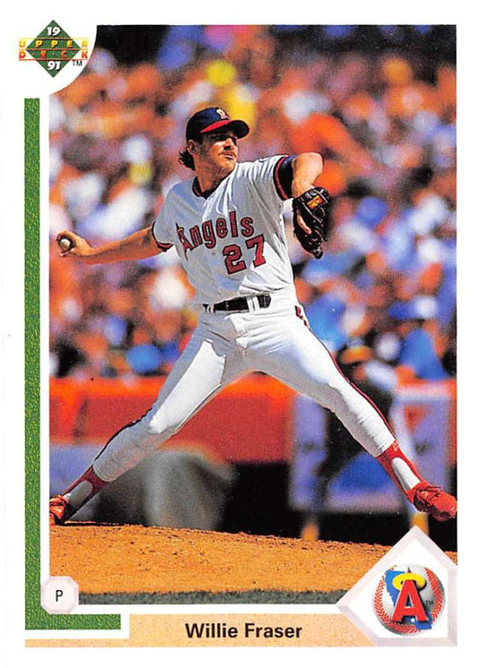 California Angels pitcher Willie Fraser mid-delivery on the mound, Upper Deck card