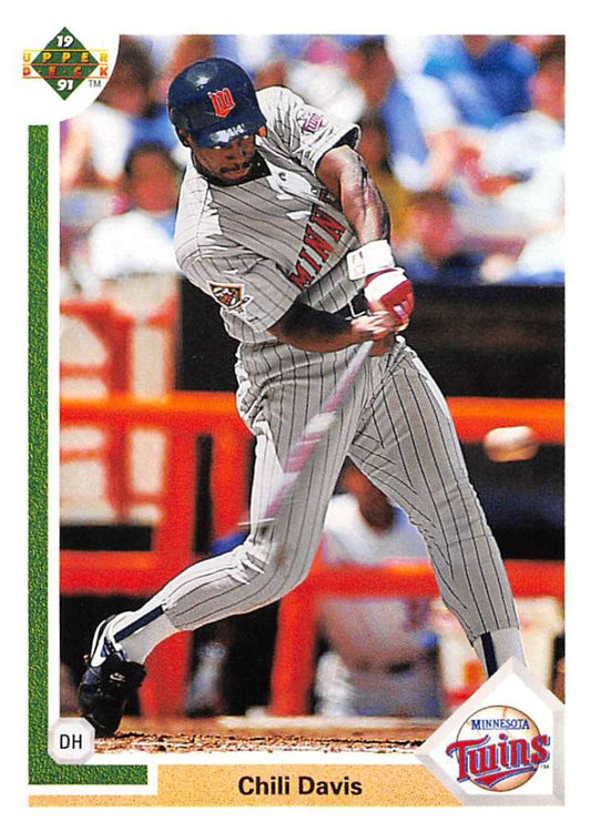 Chili Davis swings a bat in Minnesota Twins pinstriped uniform, Upper Deck card