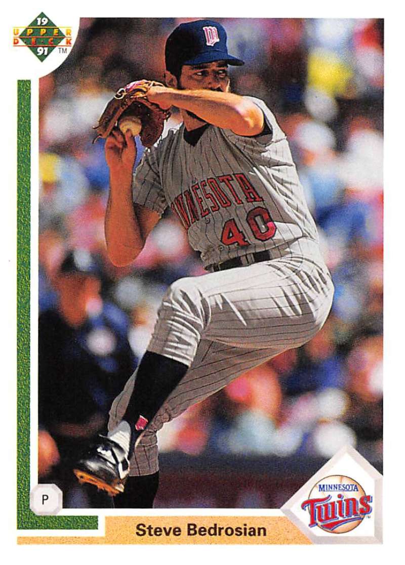 Baseball card of Steve Bedrosian, Minnesota Twins pitcher, in mid-delivery action