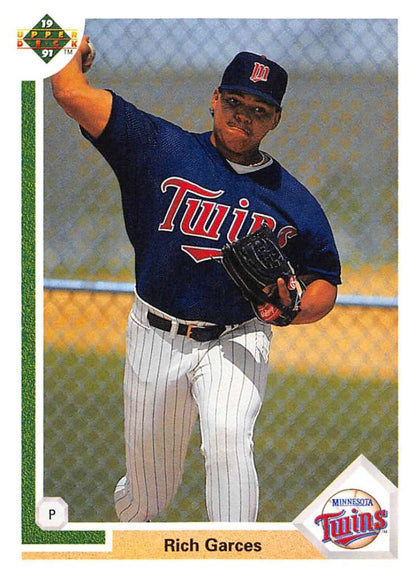 Minnesota Twins player Rich Garces throwing a pitch on his rookie baseball card