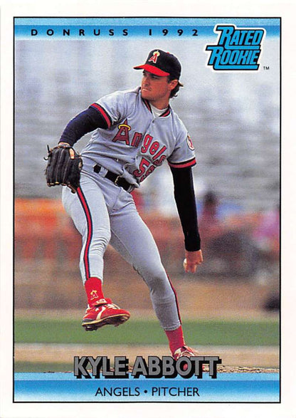 1992 Donruss Kyle Abbott California Angels Baseball Card in white and red uniform