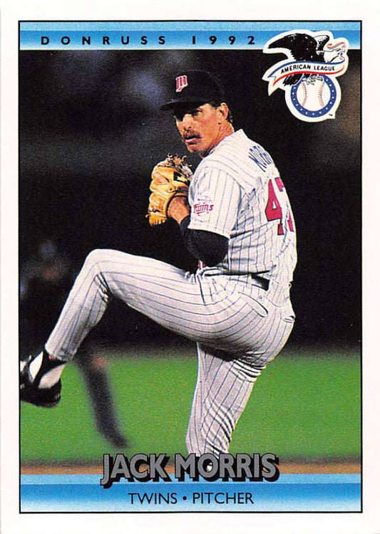 1992 Donruss Jack Morris baseball card featuring Minnesota Twins pitcher in pinstripes