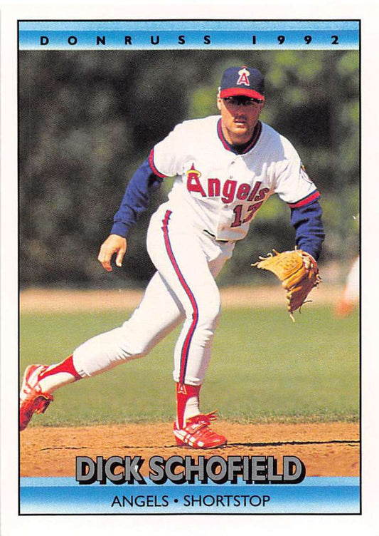 1992 Donruss baseball card of Dick Schofield in California Angels white uniform