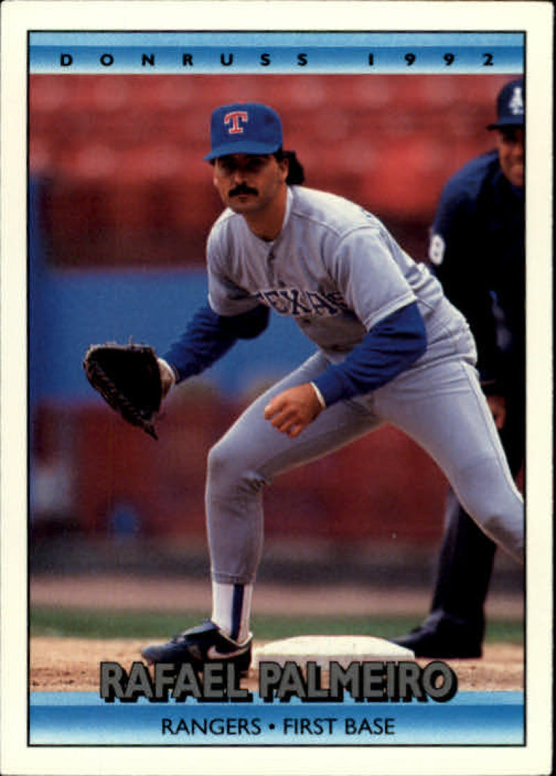 1992 Donruss baseball card of Rafael Palmeiro in Texas Rangers uniform