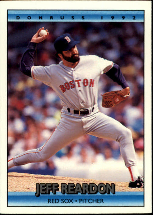 Red Sox pitcher Jeff Reardon in mid-throw on 1992 Donruss baseball card