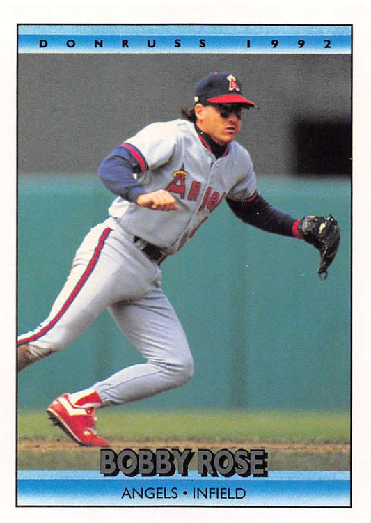 Bobby Rose fields the ball in a California Angels gray uniform on this baseball card