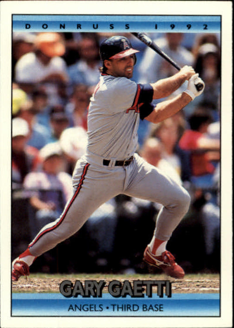 Gary Gaetti swinging a bat in California Angels uniform on 1992 baseball card