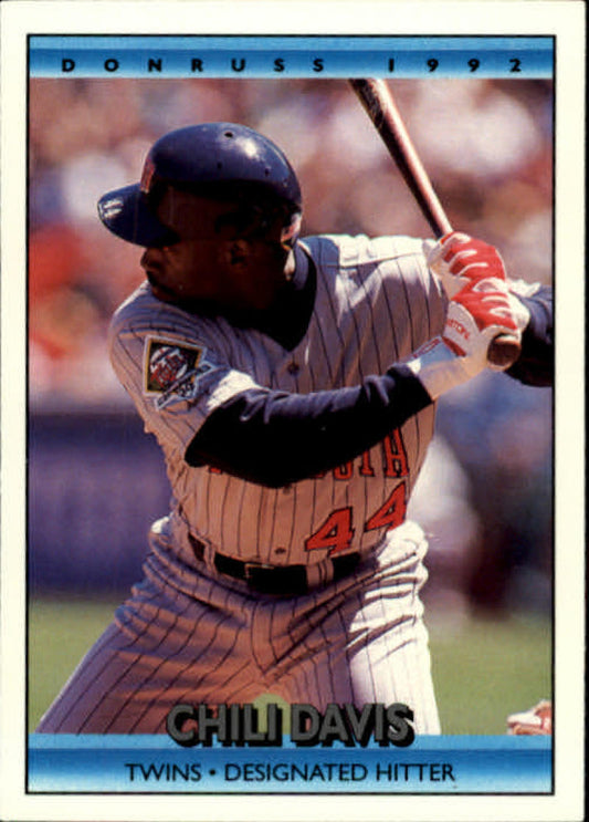 Chili Davis at bat in pinstriped uniform on Minnesota Twins baseball card