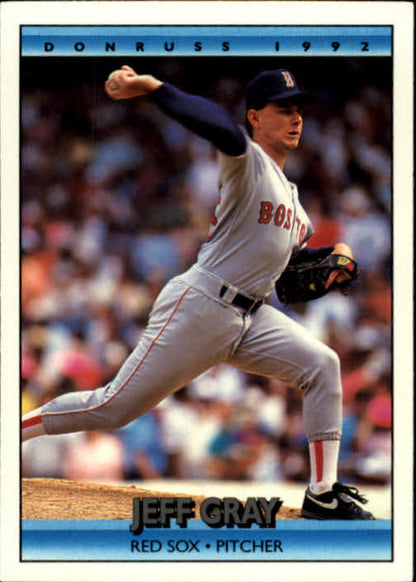 Boston Red Sox player Jeff Gray mid-delivery in 1992 Donruss baseball card