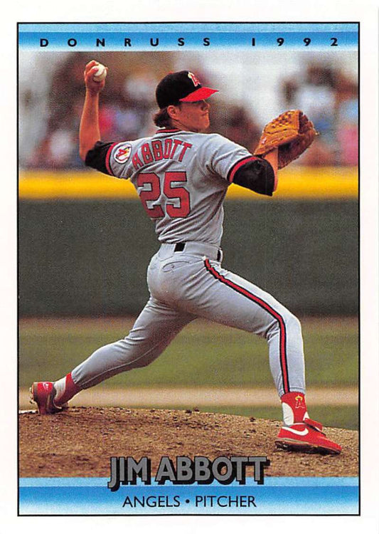 Jim Abbott delivering a pitch on the mound in California Angels uniform