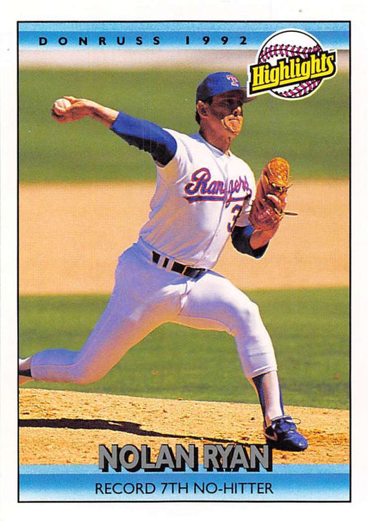 Nolan Ryan mid-delivery in Texas Rangers uniform for 1992 Donruss baseball card