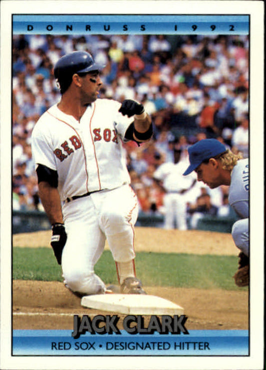 1992 Donruss Jack Clark card depicting a Boston Red Sox player sliding into base