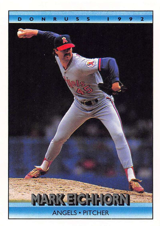 Baseball pitcher Mark Eichhorn in California Angels uniform mid-delivery on baseball card